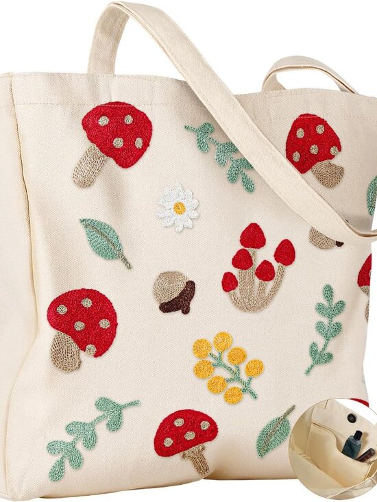 Handbags - Embroidery Tote Bag with Pocket & Buckle - Reusable Canvas Tote for Women Cute A